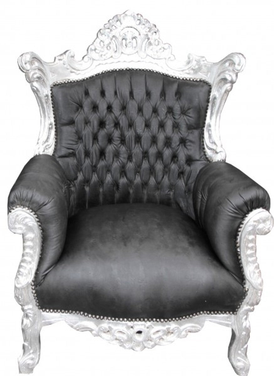 Barock Sessel Al Capone Schwarz Lederoptik/ Silber - Antik Stil