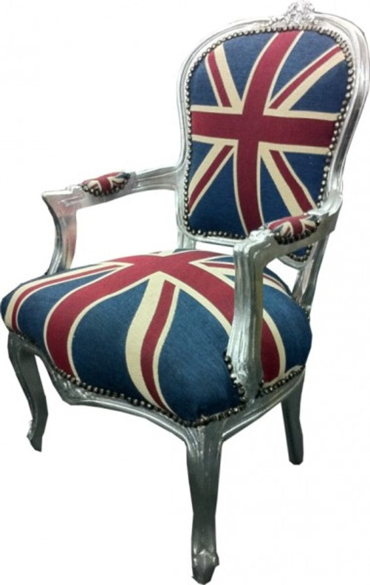 Barock Salon Stuhl Union Jack Design / Silber