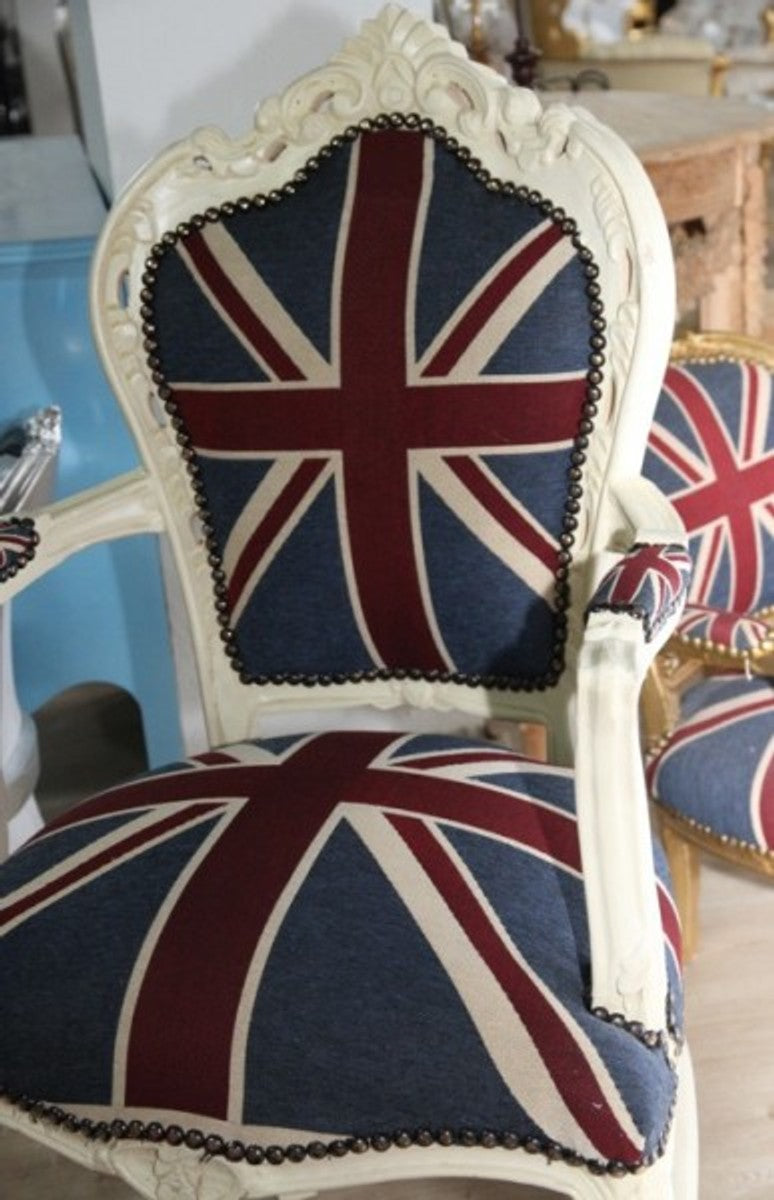 Barock Esszimmerstuhl mit Armlehnen Union Jack / Creme + dazugehöriger Fußhocker