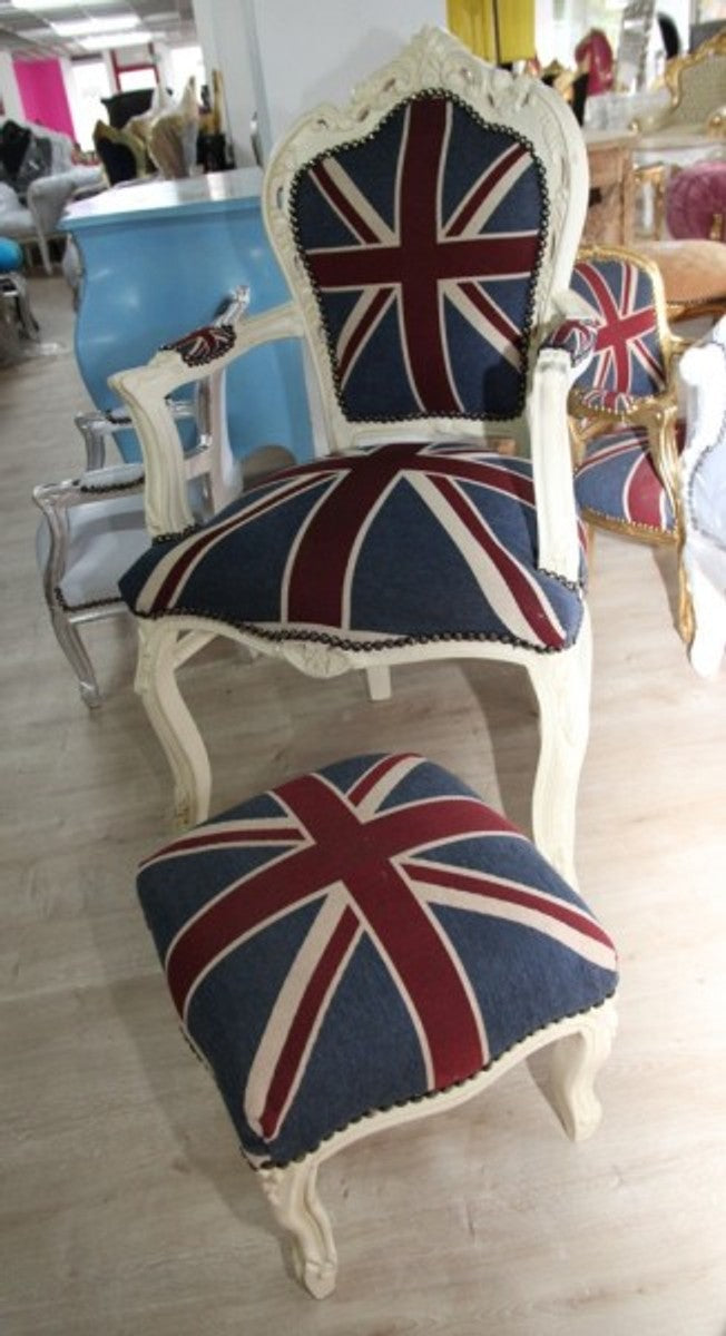 Barock Esszimmerstuhl mit Armlehnen Union Jack / Creme + dazugehöriger Fußhocker