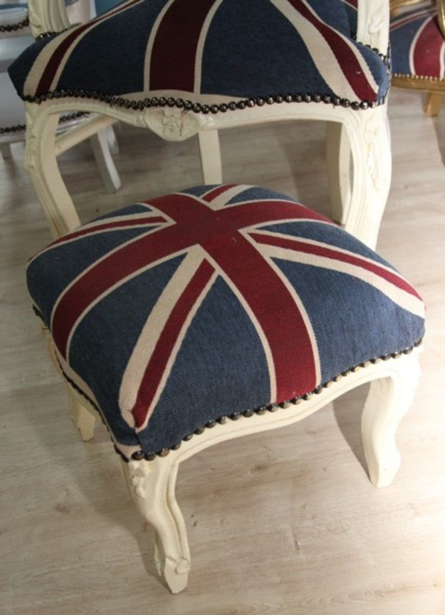 Barock Esszimmerstuhl mit Armlehnen Union Jack / Creme + dazugehöriger Fußhocker