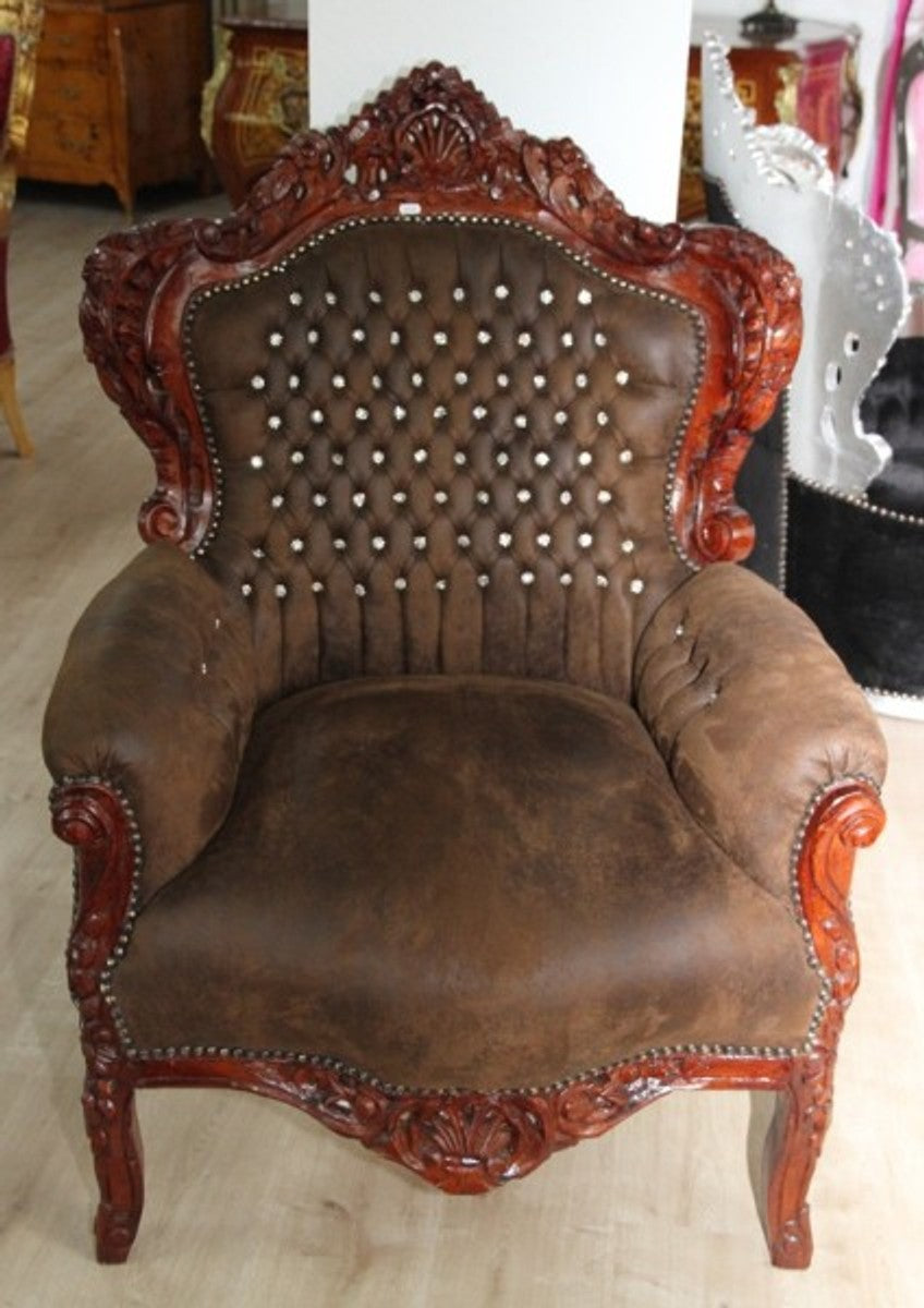 Barock Sessel Braun Lederoptik/Braun mit Bling Bling Steinen