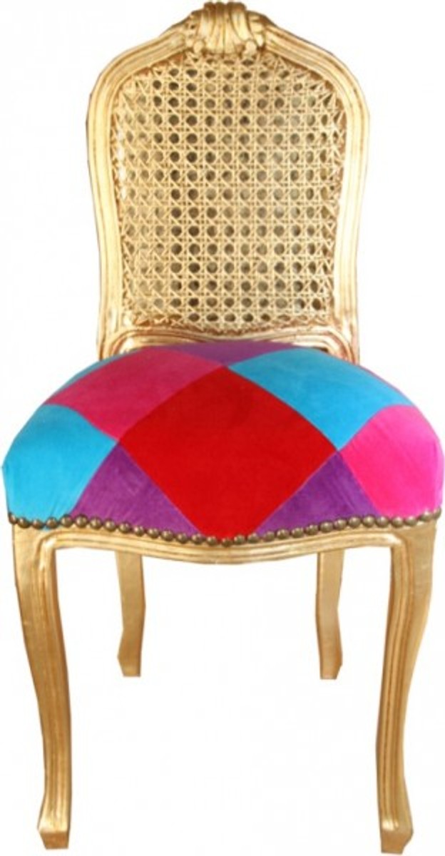 Barock Damen Stuhl Karo Bunt / Gold - Limited Edition