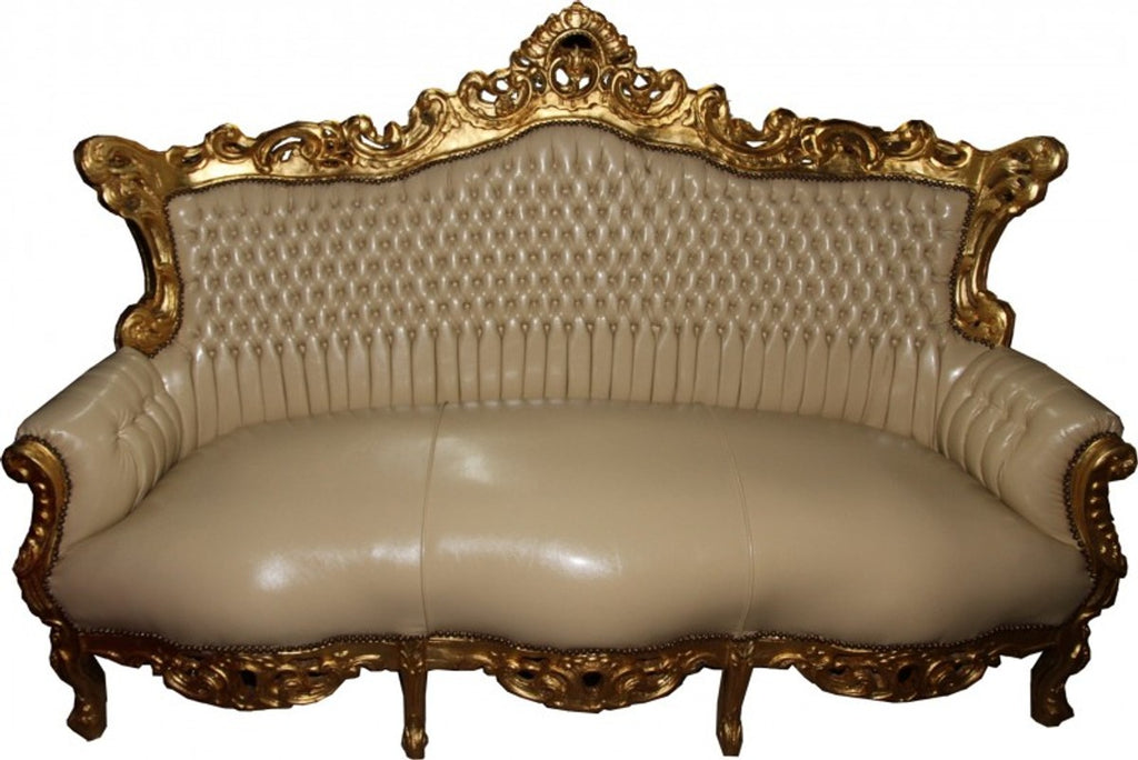 Barock 3er Sofa Master Creme Lederoptik / Gold - Antik Stil Möbel