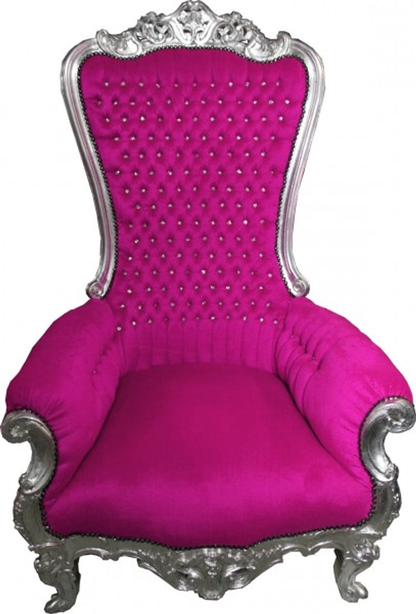 Barock Thron Sessel Majestic Pink/Silber mit Bling Bling Glitzersteinen - Riesensessel -Thron Stuhl Tron