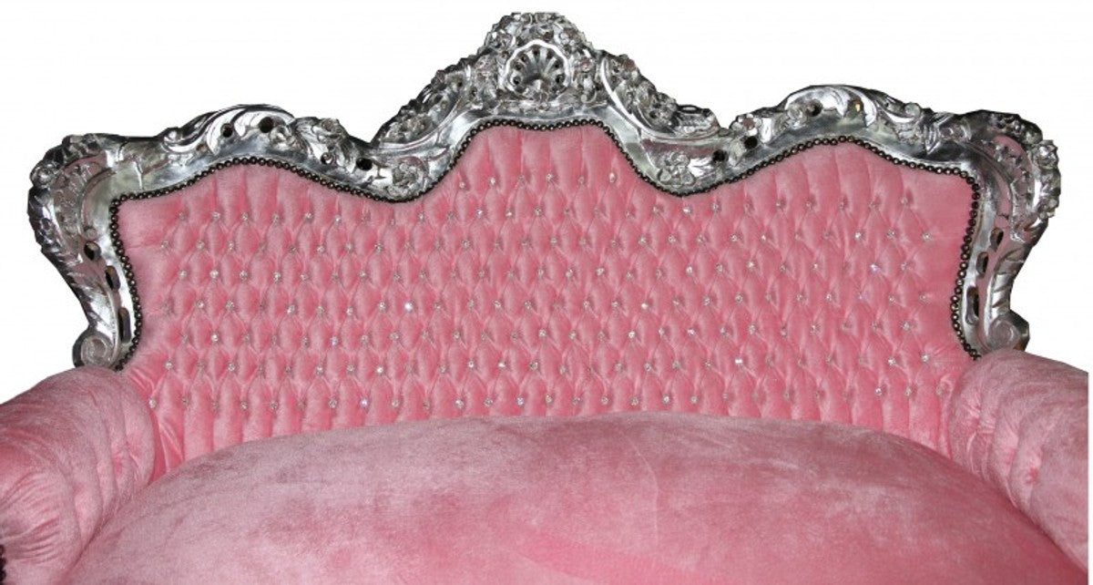 Barock 2er Sofa Master rosa / silber mit Strasssteinen Möbel Antik Stil