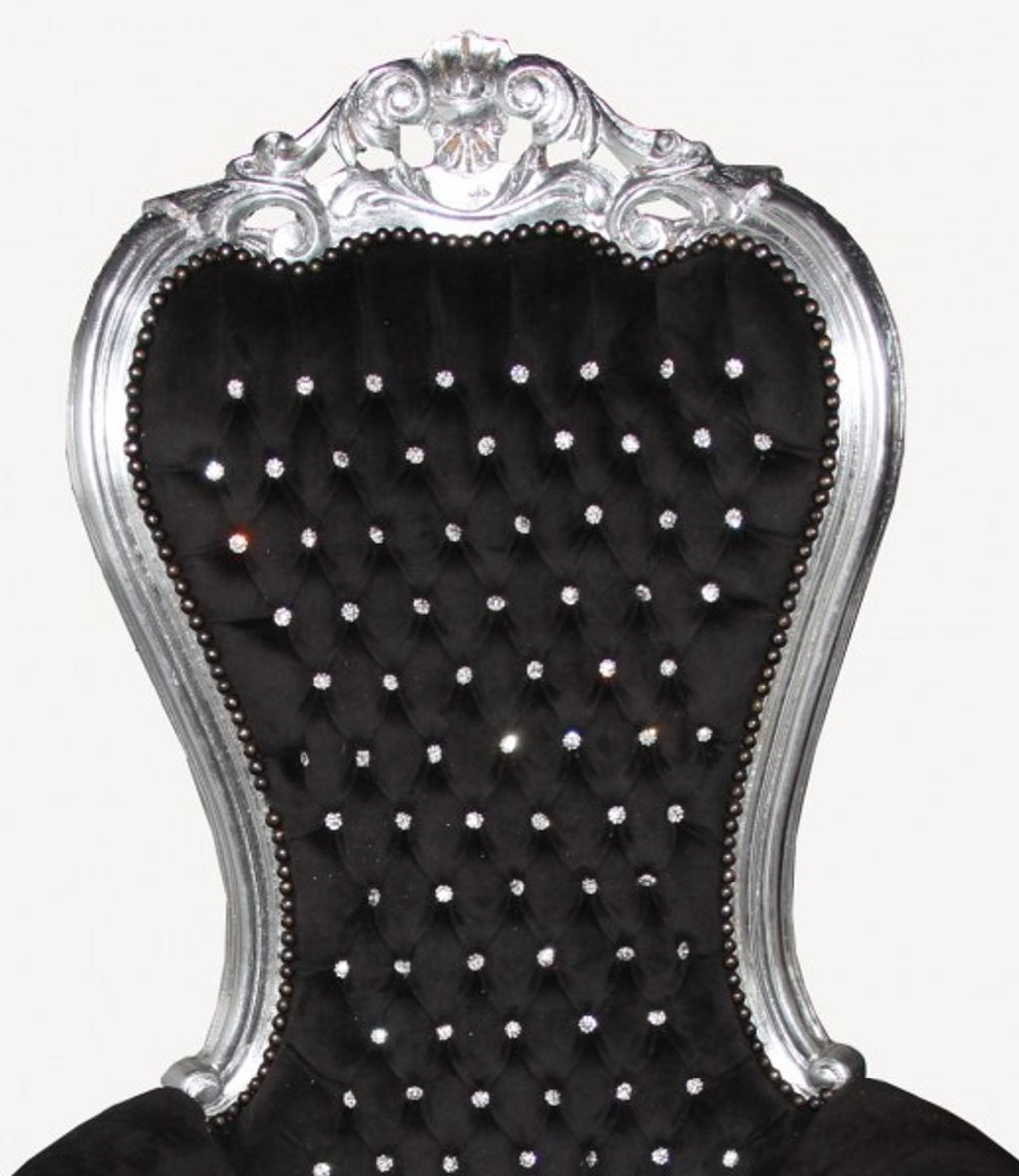 Barock Thron Sessel Majestic Medium Schwarz/Silber mit Bling Bling Glitzersteinen - Riesensessel - Thron Stuhl Tron