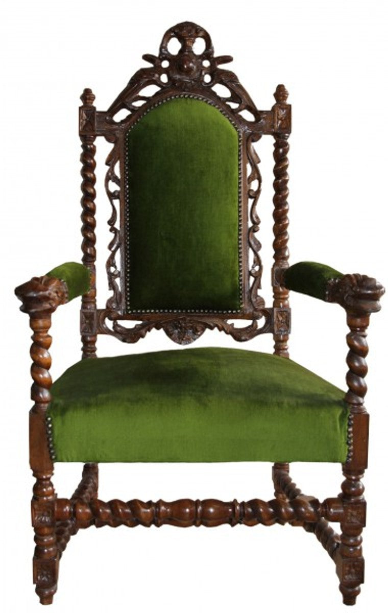Barock Thron Sessel Grün / Mahagoni - Barock Möbel Tron Königssessel