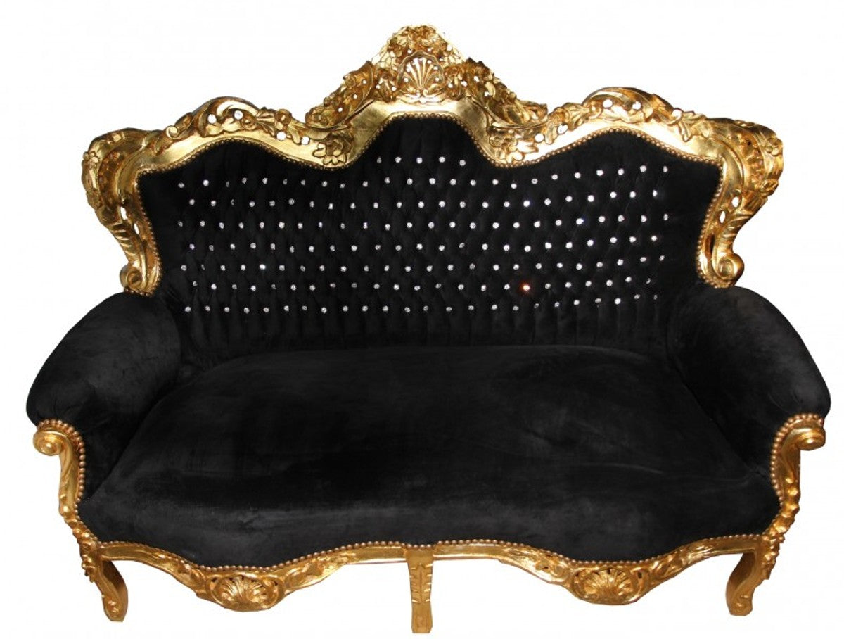 Barock 2er Sofa Master Schwarz / Gold mit Bling Bling Glitzersteinen