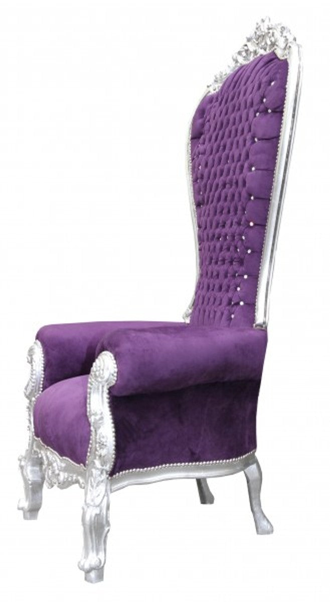 Barock Thron Sessel Majestic Lila/Silber mit Bling Bling Glitzersteinen - Riesensessel -Thron Stuhl Tron