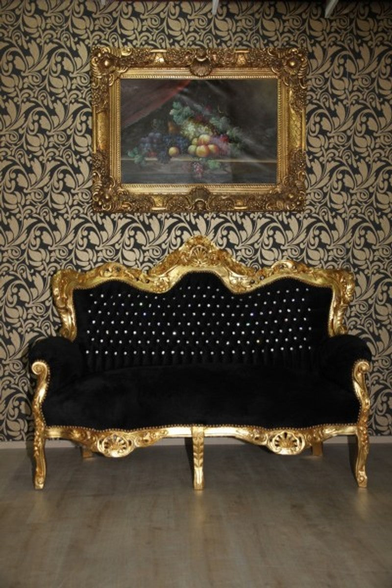 Barock 2er Sofa Master Schwarz / Gold mit Bling Bling Glitzersteinen