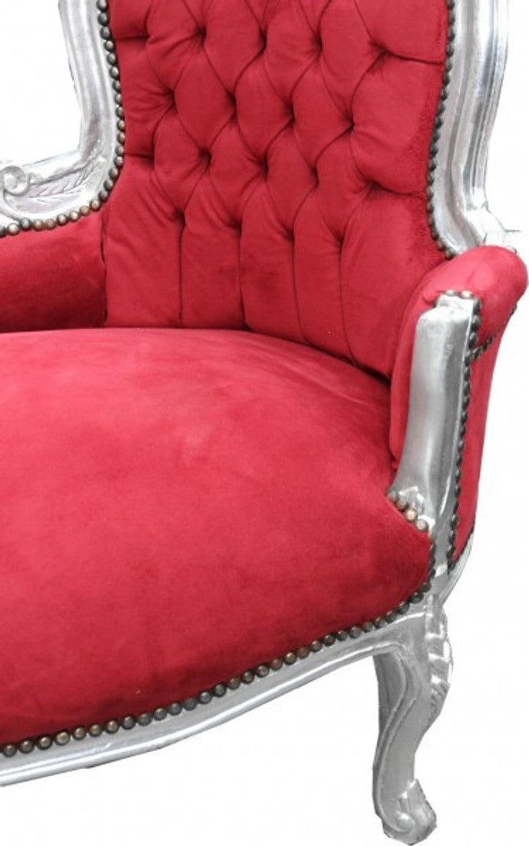 Barock Chaiselongue Bordeaux Rot / Silber - Lounge Liege Recamiere Möbel