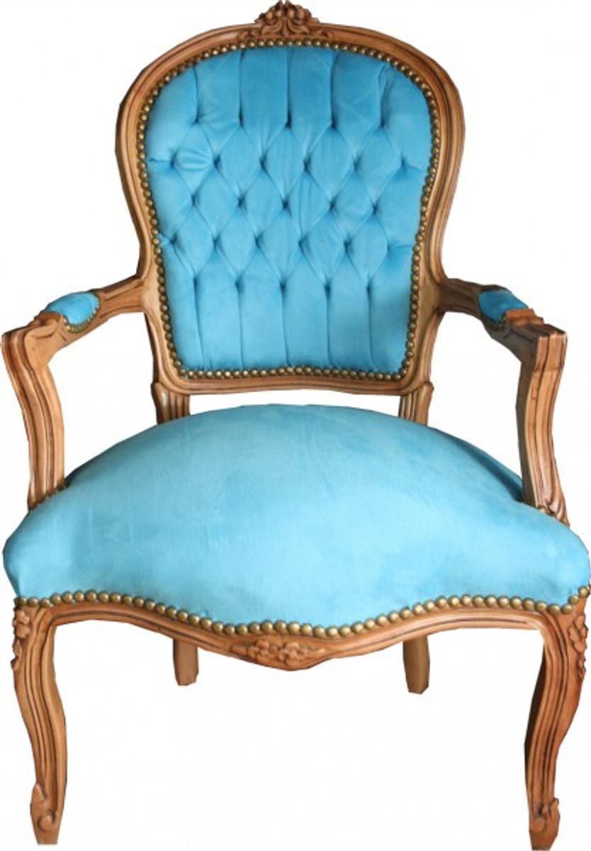 Barock Salon Stuhl Hellblau / Natural Wood - Möbel Naturholz
