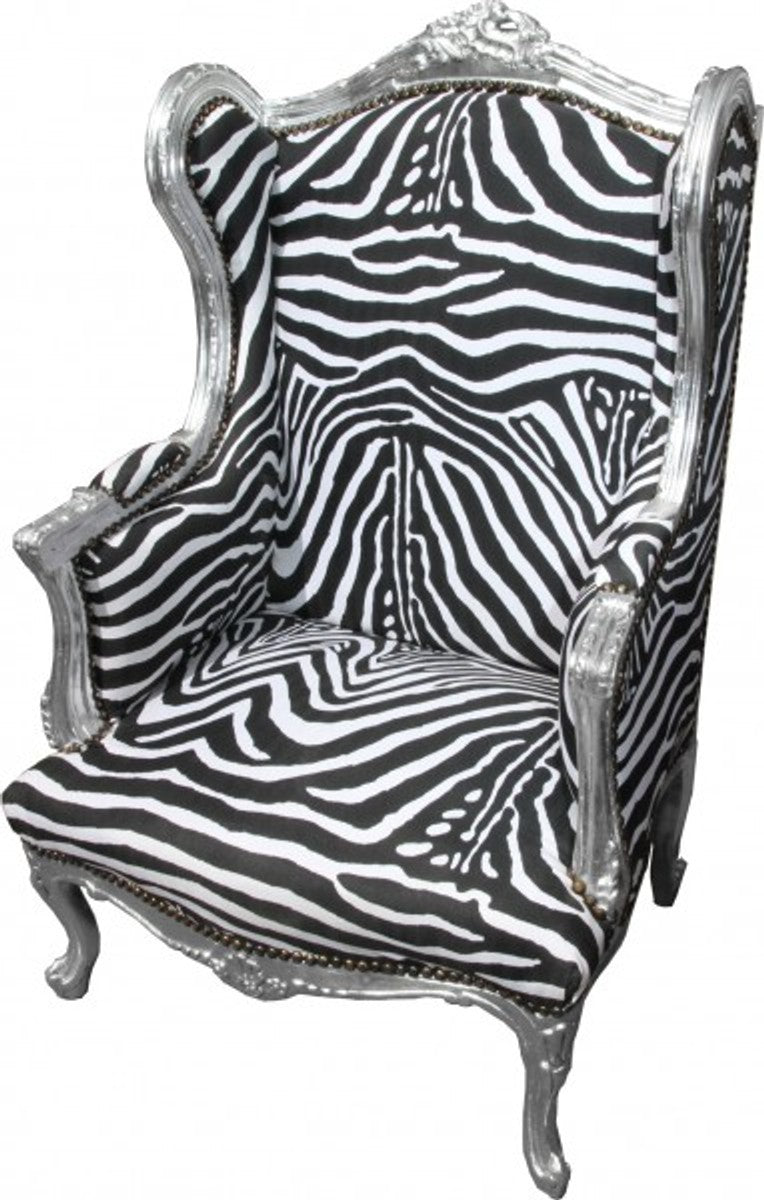 Barock Lounge Thron Sessel Zebra / Silber - Ohren Sessel - Ohrensessel Tron Stuhl
