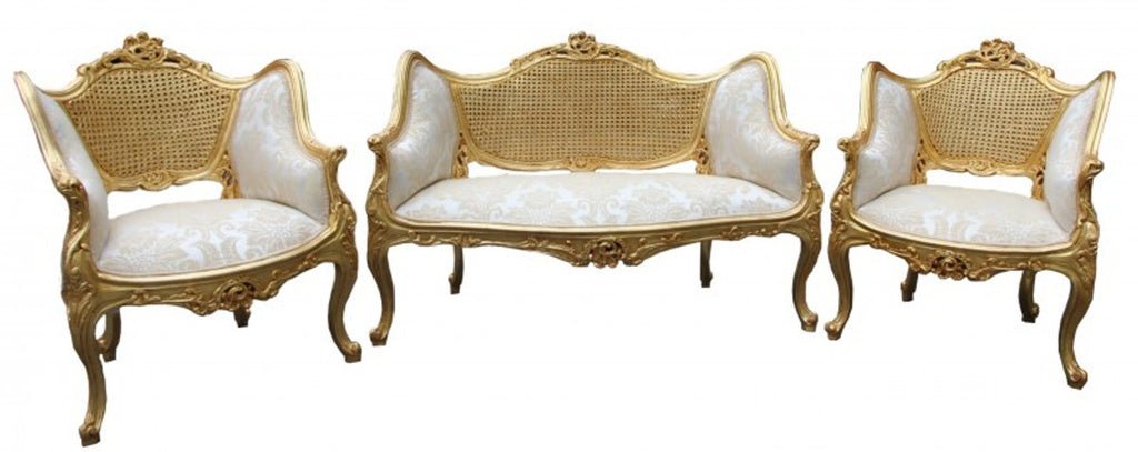 Barock Salon Sitzbank + 2 Sessel Creme/ Gold - Cocktailset- Salon Set