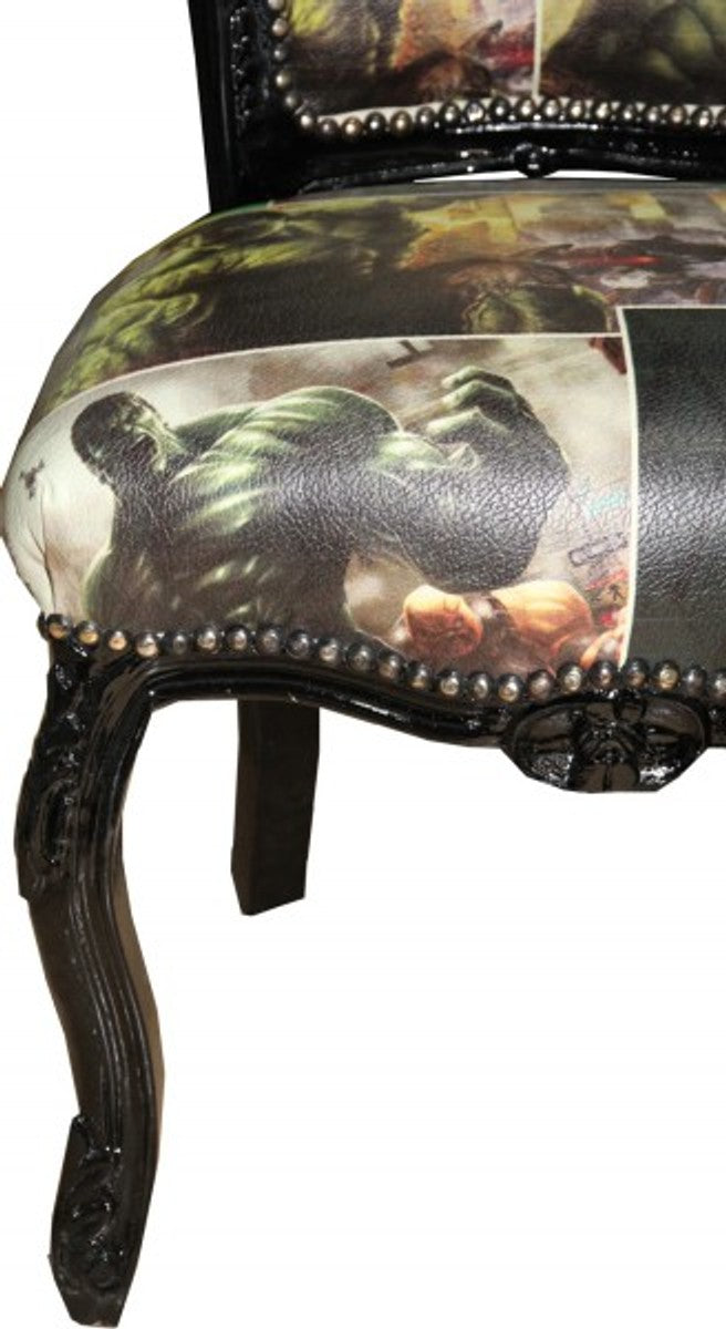 Barock Esszimmer Stuhl Comic Design / Schwarz Lederoptik Möbel Antik Stil - Limited Edition!
