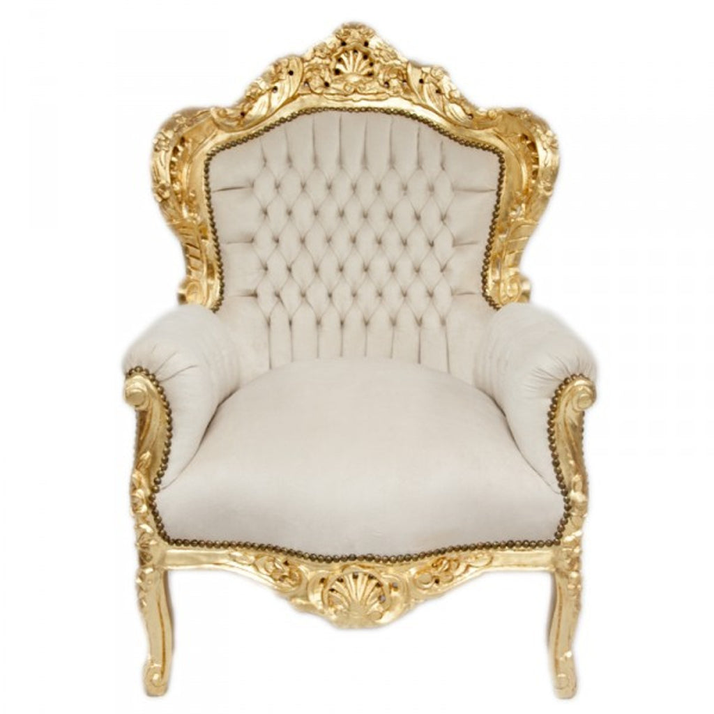 Barock Sessel King Creme Samtstoff / Gold - Antik Stil Sessel