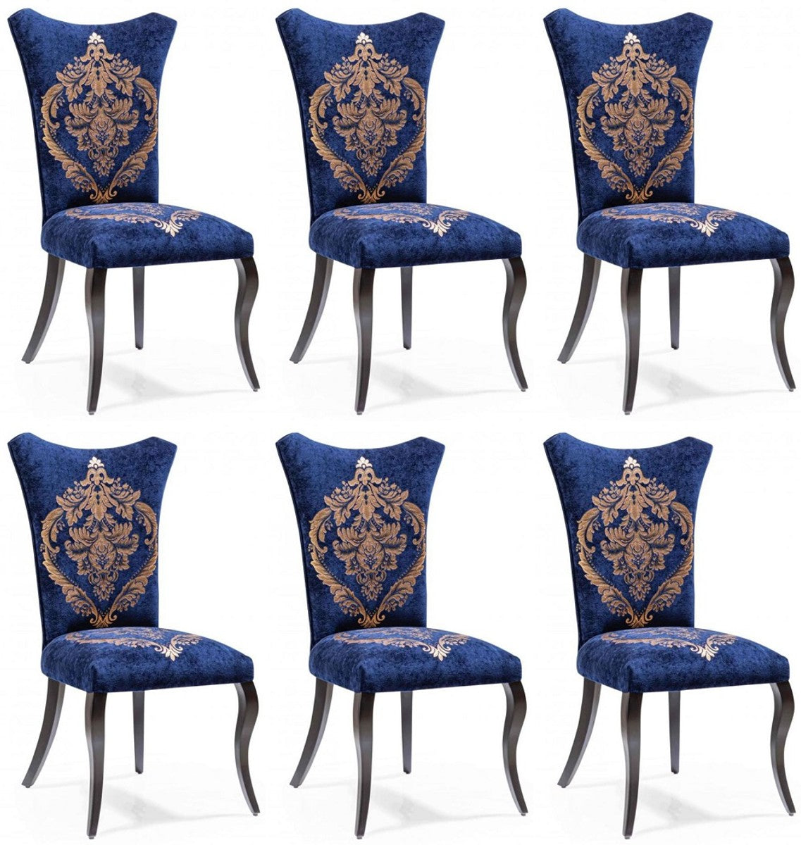 Barock Esszimmer Stuhl Set Royalblau / Gold / Schwarz 50 x 47 x H. 105 cm - Küchen Stühle 6er Set - Barock Esszimmer Möbel