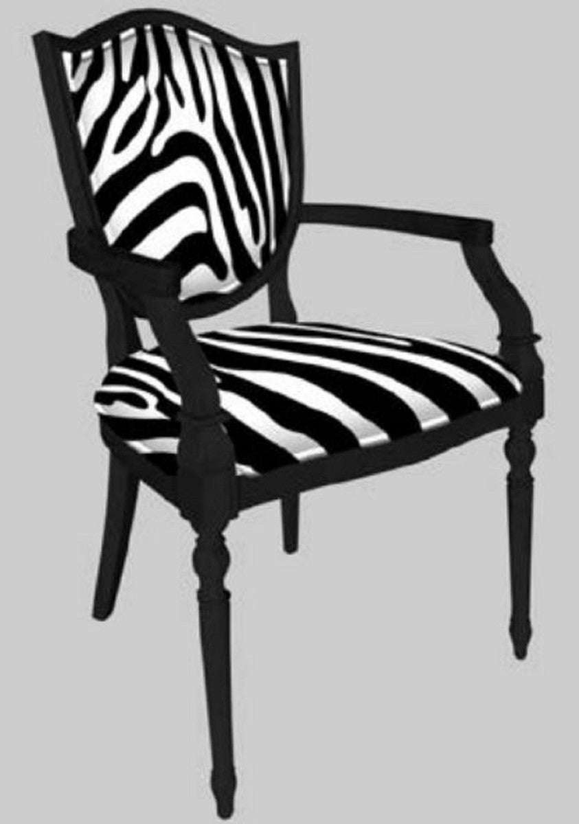 Art Deco Esszimmerstuhl mit Armlehnen Weiß / Schwarz - Eleganter Massivholz Stuhl mit Zebra Design - Art Deco Esszimmer Möbel