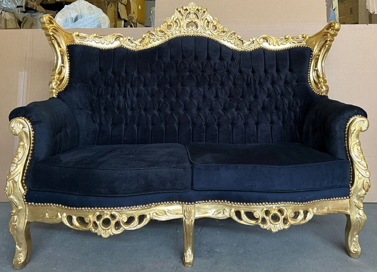 Barock 2er Sofa Schwarz / Gold - Handgefertigtes Antik Stil Wohnzimmer Sofa - Antik Stil Wohnzimmer Möbel - Barock Wohnzimmer Möbel - Edel & Prunkvoll
