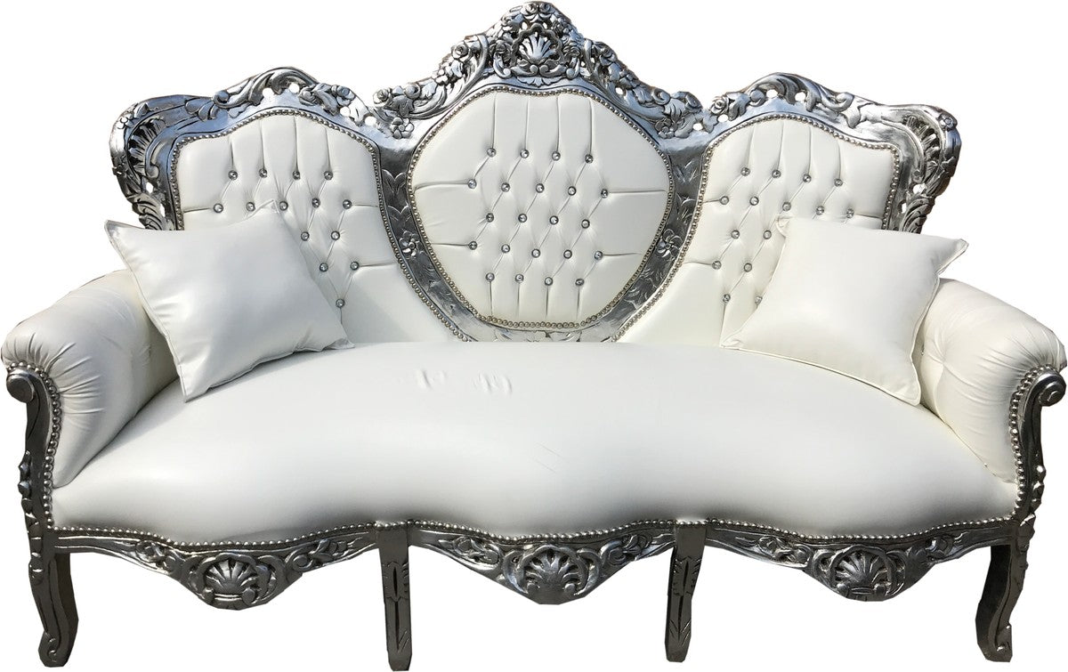 Barock 3er Sofa King Weiß Lederoptik / Silber mit Bling Bling Glitzersteinen - Wohnzimmer Couch Möbel Lounge