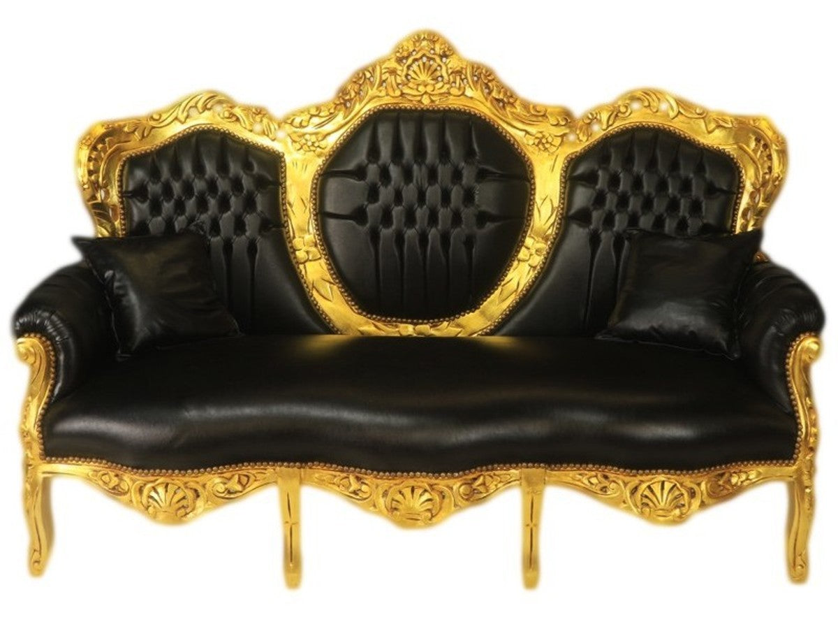 Barock 3er Sofa King Schwarz Lederoptik / Gold - Wohnzimmer Couch Möbel Lounge
