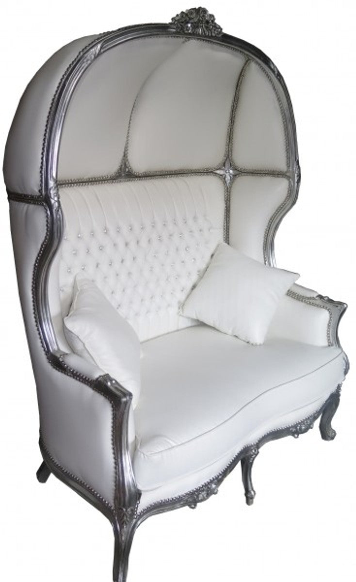 Barock 2er Ballon Sofa Weiß Lederoptik / Silber - Wohnzimmer Couch Möbel Lounge Hochzeit