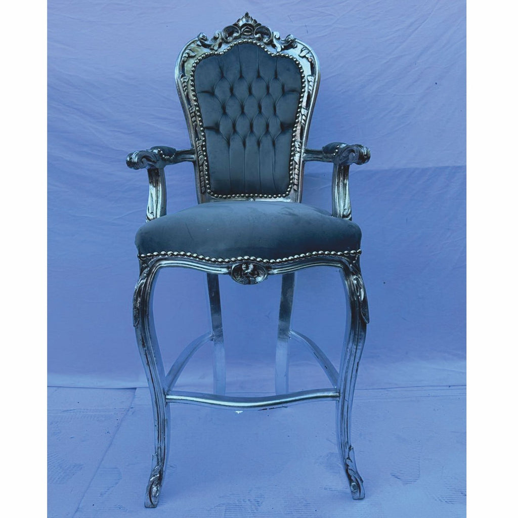 Barock Samt Barstuhl mit Armlehnen Grau / Silber - Barock Bar Möbel
