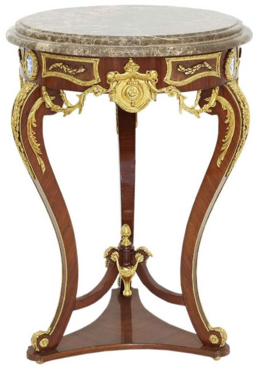 Barock Beistelltisch Braun / Gold / Grau Ø 55 x H. 78 cm - Runder Massivholz Tisch im Barockstil - Barock Wohnzimmer Möbel
