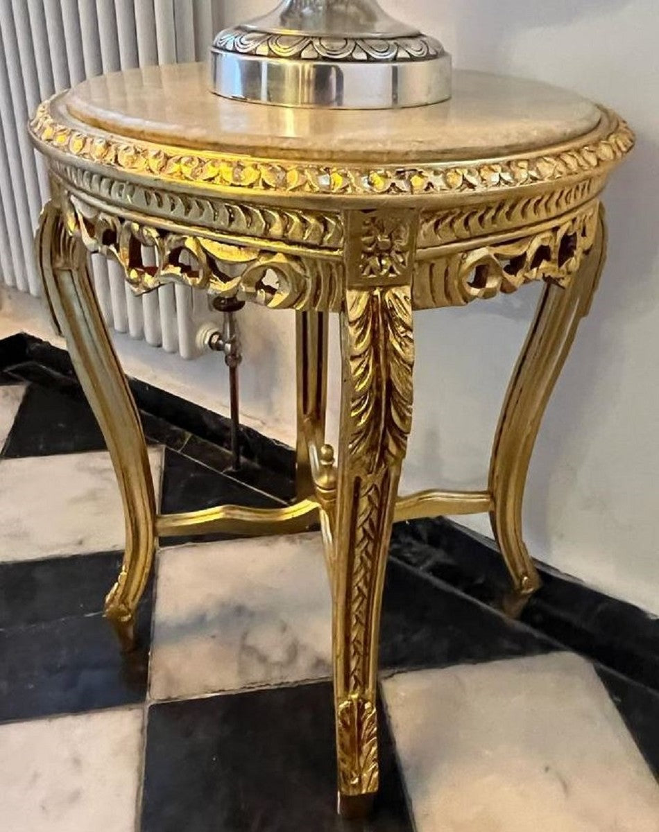 Barock Beistelltisch Gold / Grau - Runder Antik Stil Tisch mit Marmorplatte - Barockstil Wohnzimmer Möbel im Barockstil - Barock Möbel
