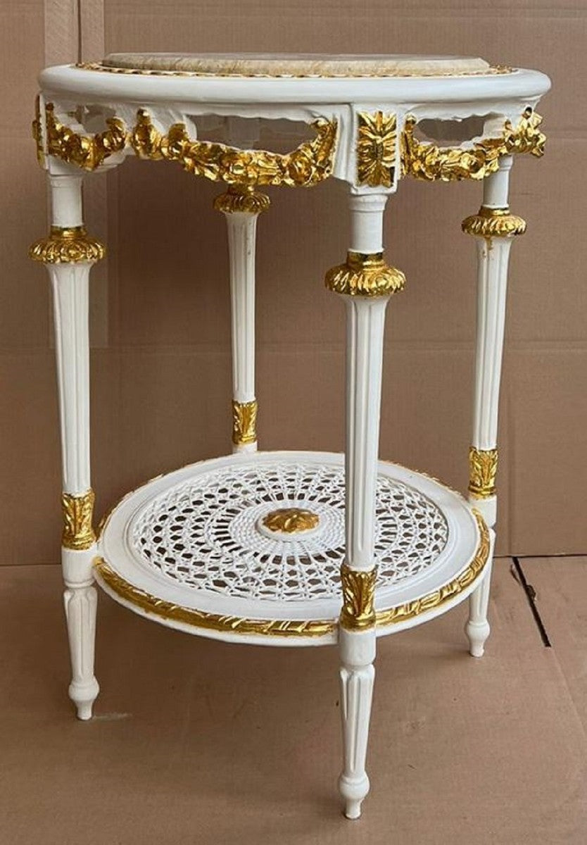 Barock Beistelltisch Weiß / Gold / Creme - Runder Antik Stil Tisch mit Marmorplatte - Barockstil Wohnzimmer Möbel im Barockstil - Barock Möbel