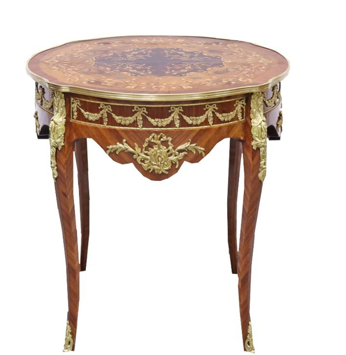 Barock Beistelltisch Mahagoni Intarsien / Gold H78 x 76 cm - Ludwig XVI Antik Stil Tisch - Möbel