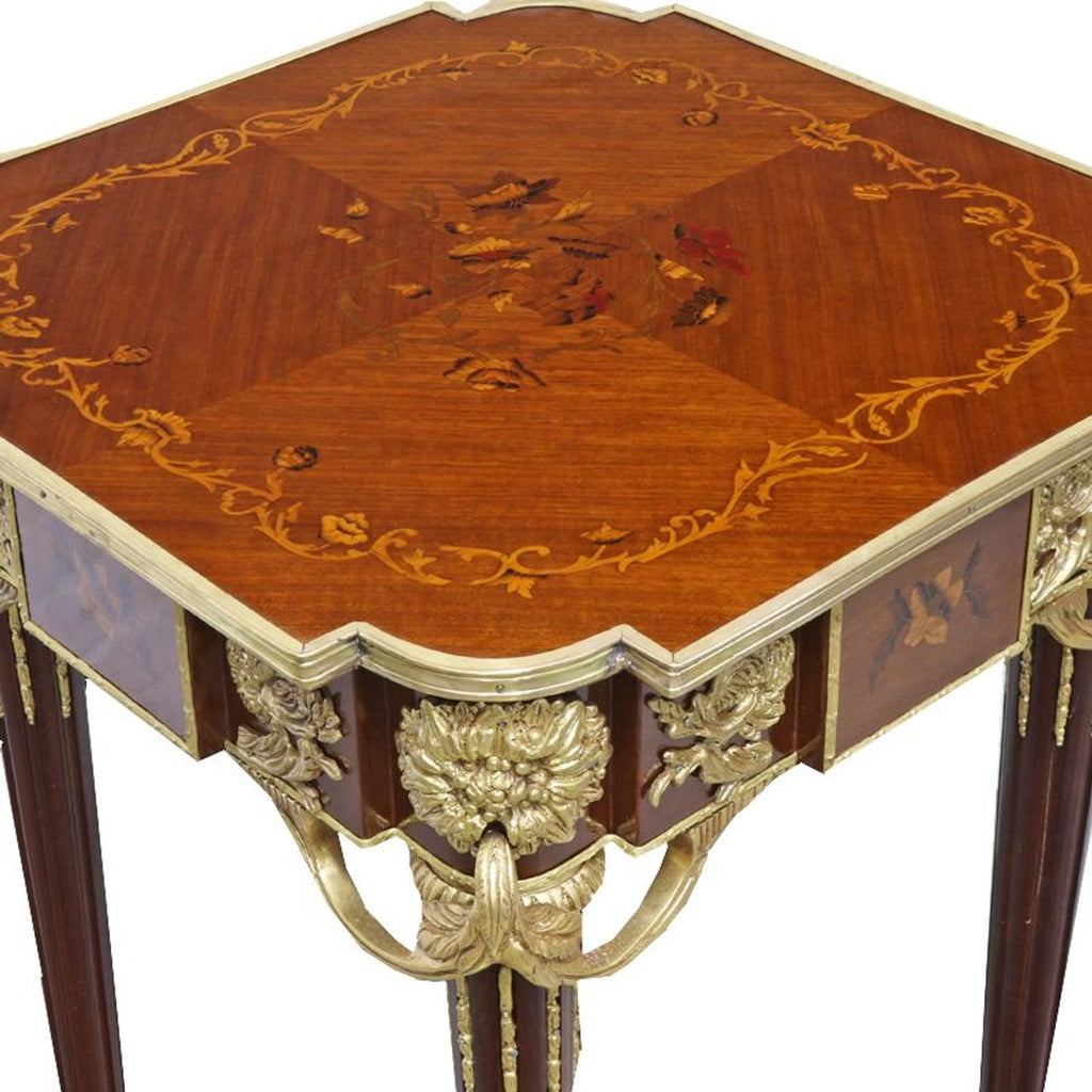 Barock Beistelltisch Mahagoni Intarsien / Gold H75 x 50 cm - Ludwig XVI Antik Stil Tisch - Möbel