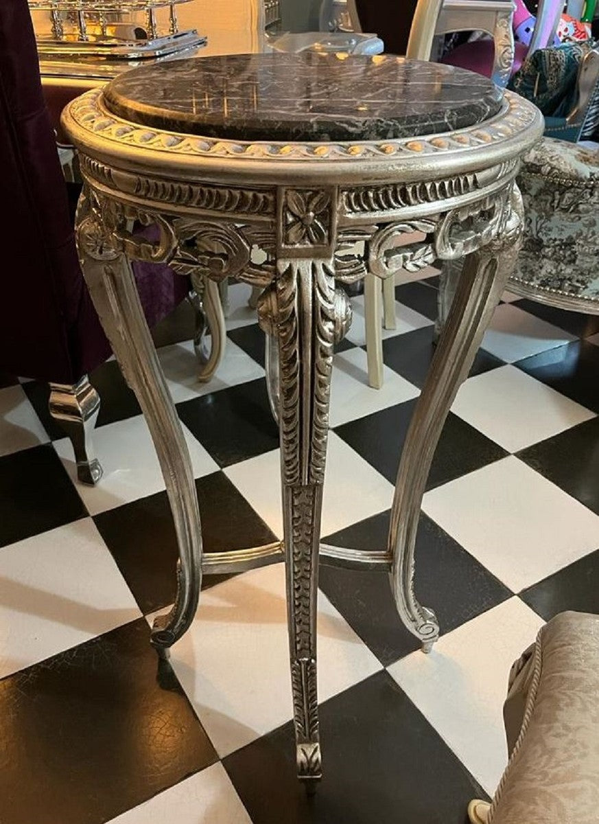 Barock Beistelltisch Silber / Schwarz - Runder Massivholz Tisch mit Marmorplatte im Barockstil - Wohnzimmer Möbel im Barockstil - Barock Möbel
