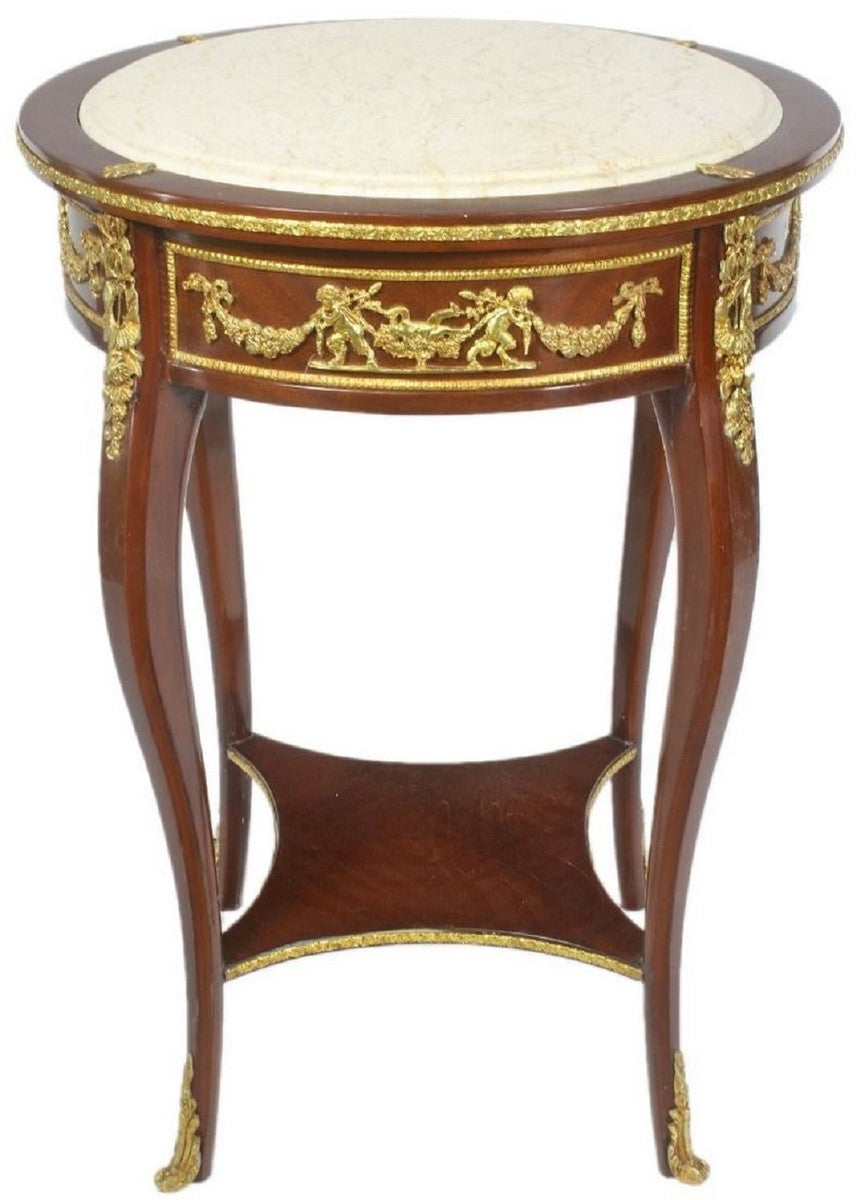 Barock Beistelltisch mit Marmorplatte Braun / Gold / Creme Ø 45 x H. 75 cm - Runder Tisch im Barockstil - Barock Möbel