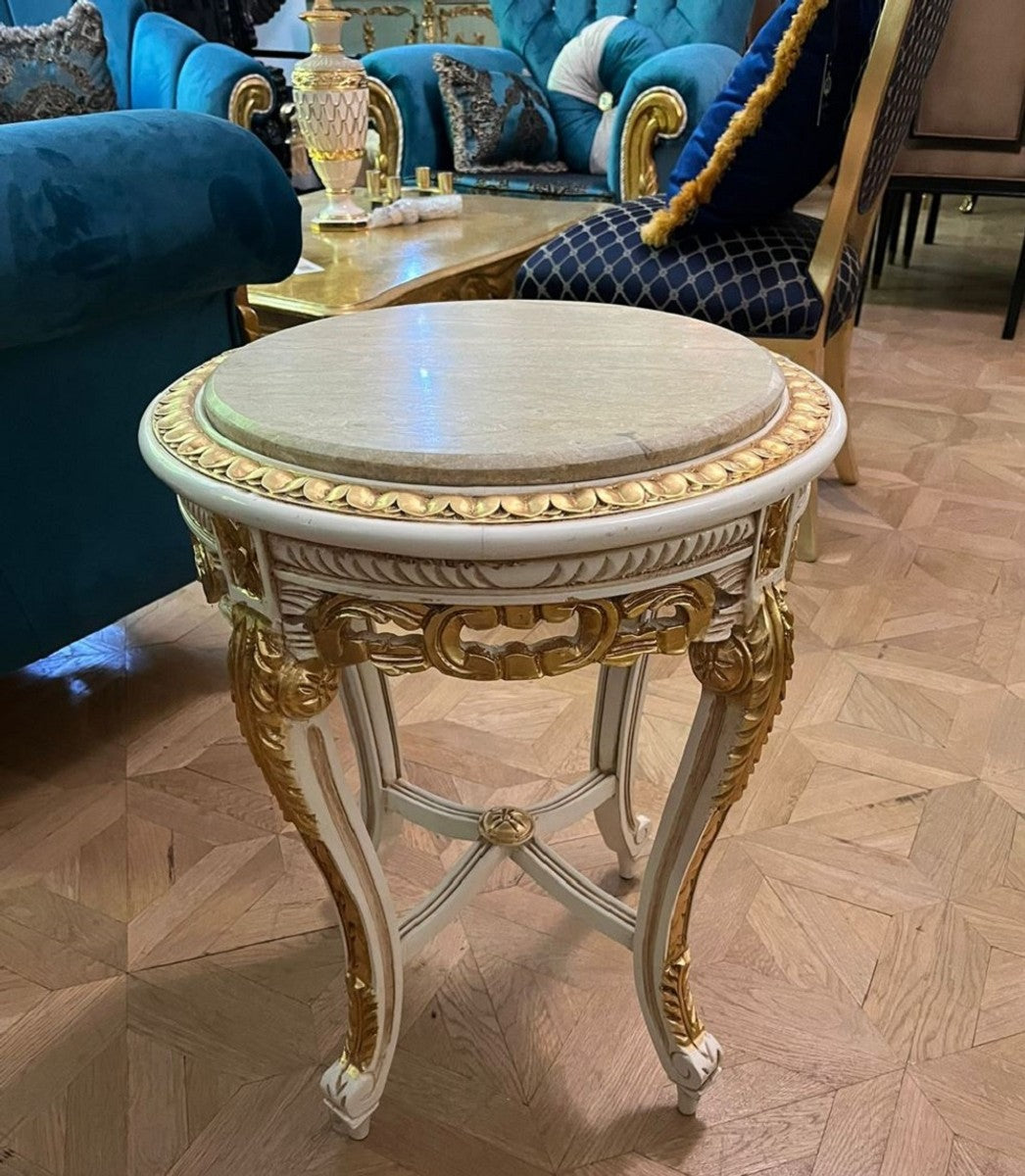 Barock Beistelltisch Weiß / Gold / Creme - Handgefertigter Antik Stil Massivholz Tisch mit Marmorplatte - Wohnzimmer Möbel im Barockstil - Antik Stil Möbel - Barock Möbel