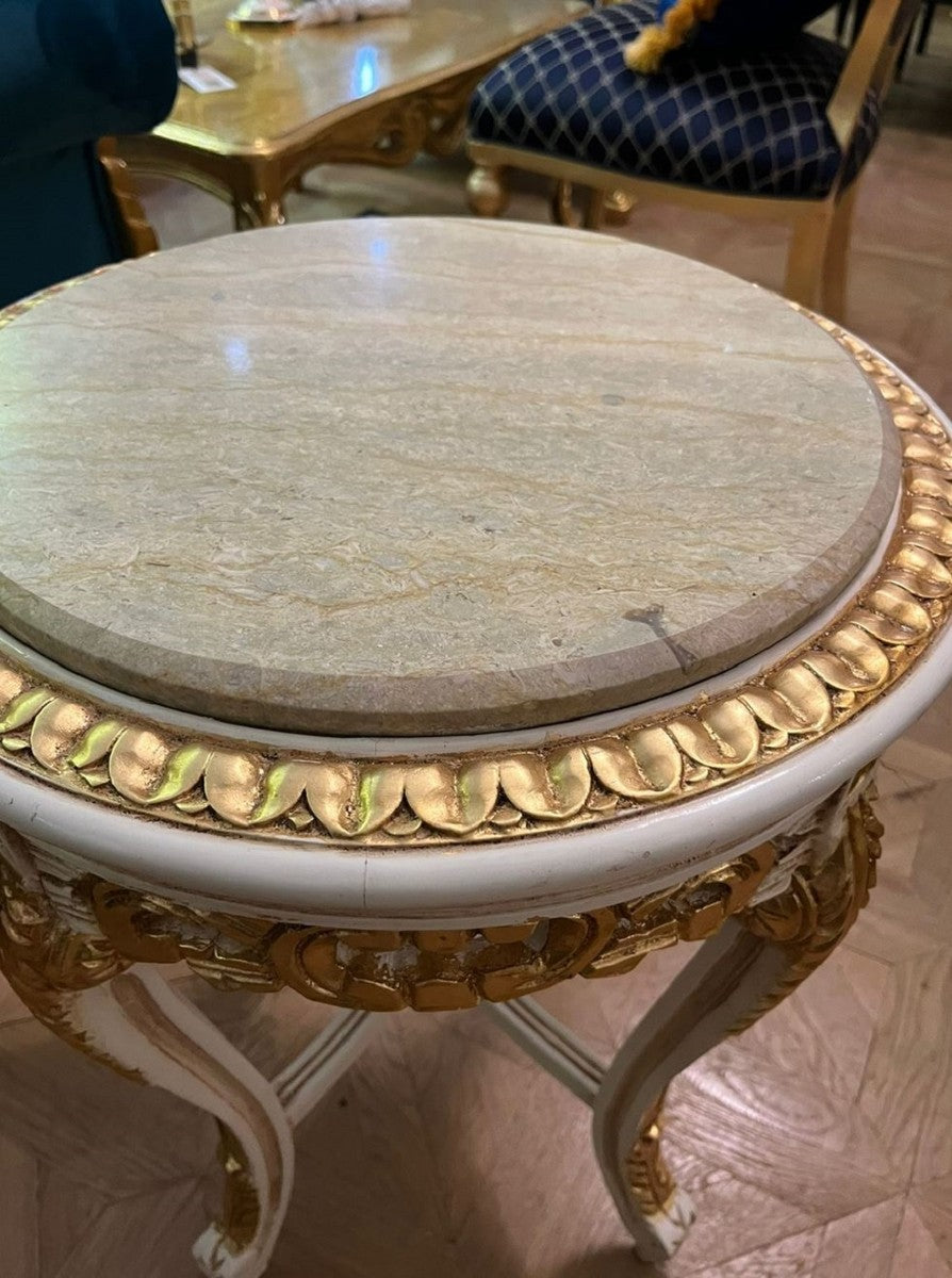 Barock Beistelltisch Weiß / Gold / Creme - Handgefertigter Antik Stil Massivholz Tisch mit Marmorplatte - Wohnzimmer Möbel im Barockstil - Antik Stil Möbel - Barock Möbel