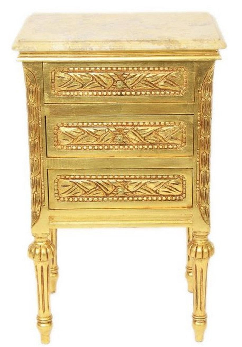 Barock Beistelltisch mit 3 Schubladen und Marmorplatte Gold / Creme 45 x 55 x H. 75 cm - Barockmöbel