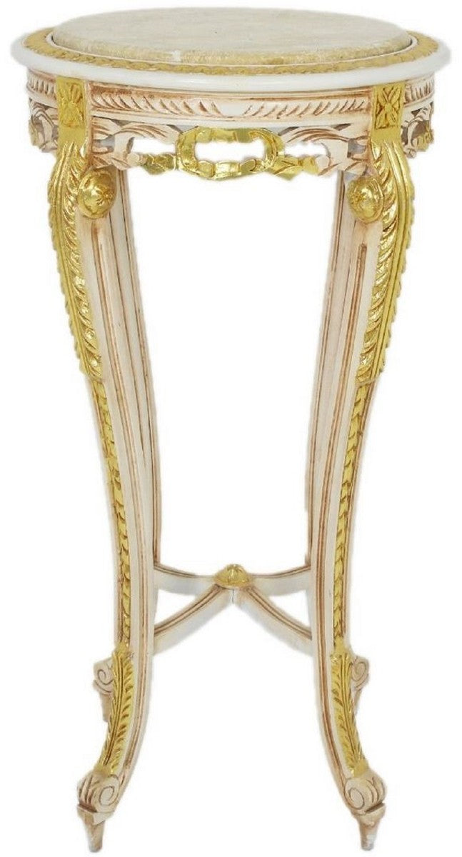 Barock Beistelltisch mit Marmorplatte Weiß / Beige / Gold / Creme Ø 40 x H. 90 cm - Runder Antik Stil Tisch - Barock Wohnzimmer Möbel