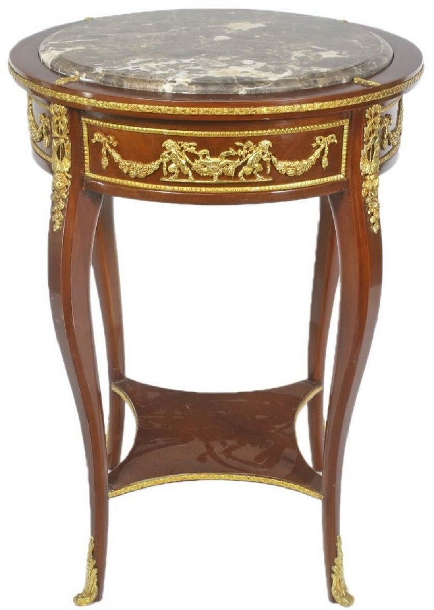Barock Beistelltisch mit Marmorplatte Braun / Gold Ø 45 x H. 75 cm - Runder Tisch im Barockstil - Barock Möbel