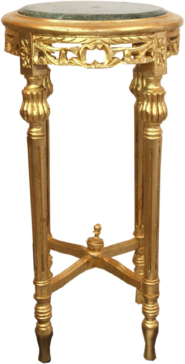 Barock Beistelltisch mit Marmorplatte Gold / Grün Ø 37 x H. 71 cm - Runder handgeschnitzter Antik Stil Telefontisch Blumentisch mit wunderschönen Verzierungen