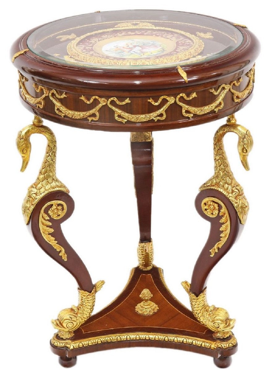 Barock Mahagoni Beistelltisch mit Glasplatte Braun / Gold Ø 55 x H. 78 cm - Prunkvoller runder handgefertigter und handbemalter Tisch mit wunderschönen Verzierungen