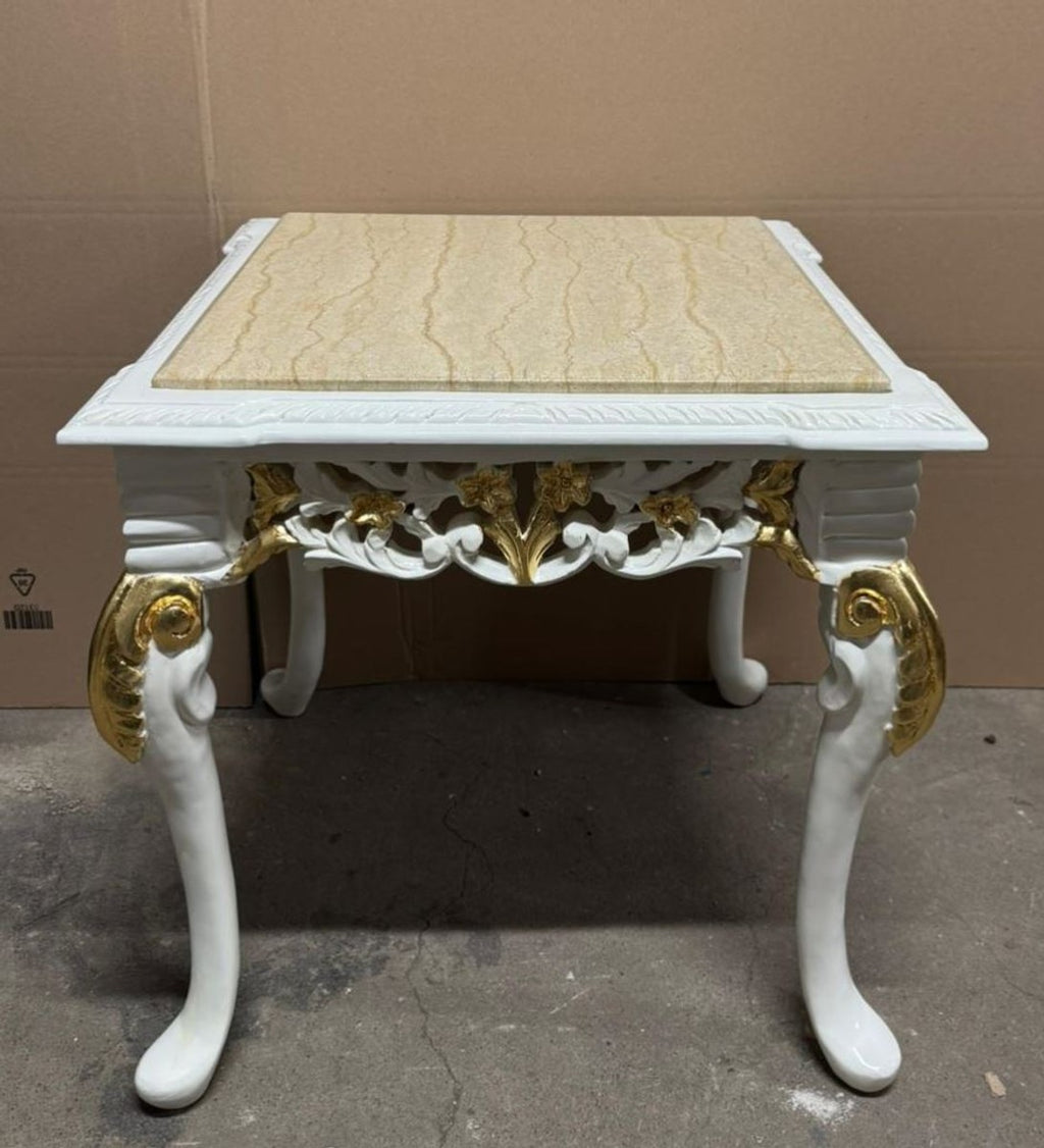 Barock Beistelltisch mit Marmorplatte Weiß / Gold / Beige 60 cm