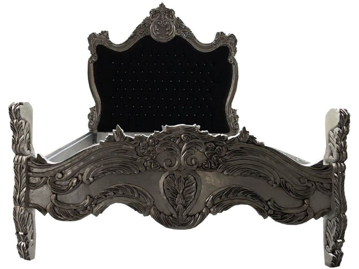Barock Bett Schwarz / Silber Bling Bling Glitzersteine 140 x 200 cm aus der Luxus Kollektion von Casa Padrino