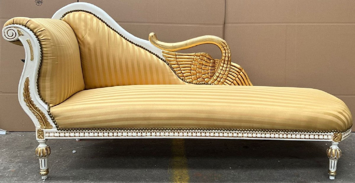 Barock Chaiselongue Linke Seite Gold / Weiß / Gold - Handgefertigte Massivholz Recamiere mit Streifen - Barock Wohnzimmer Möbel - Edel & Prunkvoll