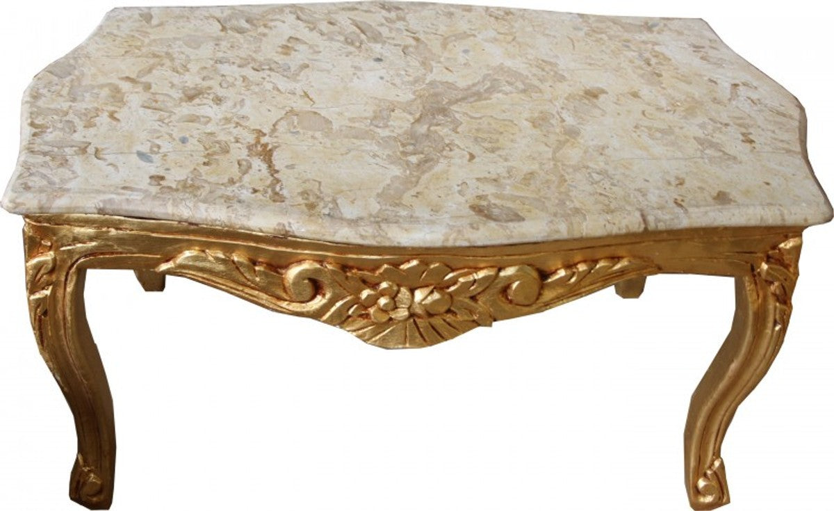 Barock Couchtisch Gold mit cremefarbener Marmorplatte 99 x 63 cm - Limited Edition