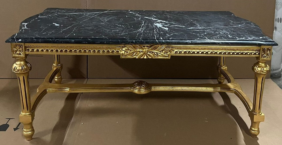 Barock Couchtisch Gold / Schwarz - Rechteckiger Massivholz Wohnzimmertisch mit Marmorplatte - Barockstil Wohnzimmer Möbel - Barock Möbel - Antik Stil Wohnzimmer Möbel