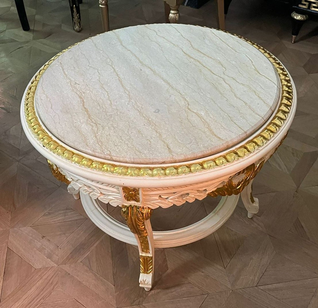Barock Couchtisch mit Marmorplatte Weiß / Gold / Creme - Runder Massivholz Wohnzimmertisch im Barockstil - Barockstil Wohnzimmer Möbel - Barock Möbel - Antik Stil Wohnzimmer Möbel