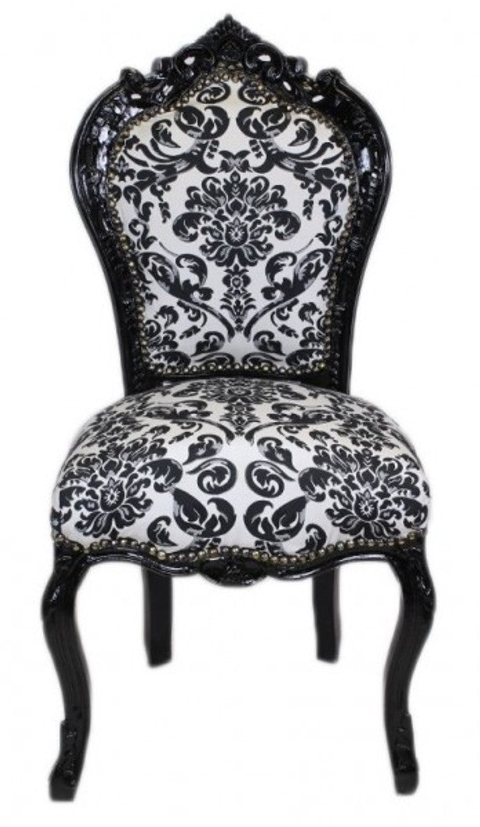 Barock Esszimmer Stuhl Blumen Muster Schwarz / Weiss- Antik Stil Möbel