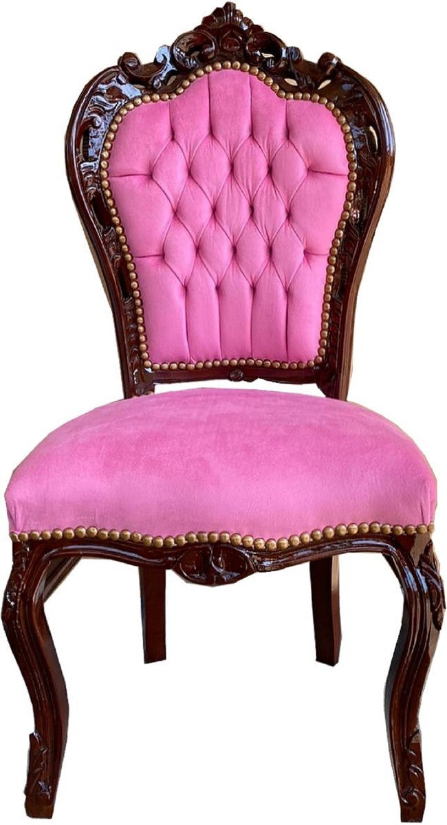 Barock Esszimmerstuhl Rosa / Braun 53 x 57 x H. 108 cm - Handgefertigter Massivholz Küchenstuhl mit edlem Samtstoff - Barock Esszimmer Möbel